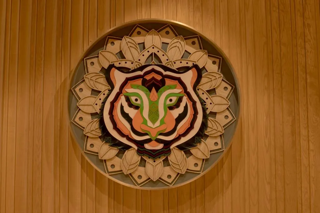 Detail of the leather and Phulkari embroidery installation at Starbucks Model Town, Jalandhar